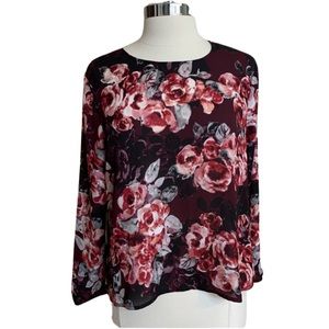 CUPCAKES AND CASHMERE Blouse Floral Top Large Burgundy Wine